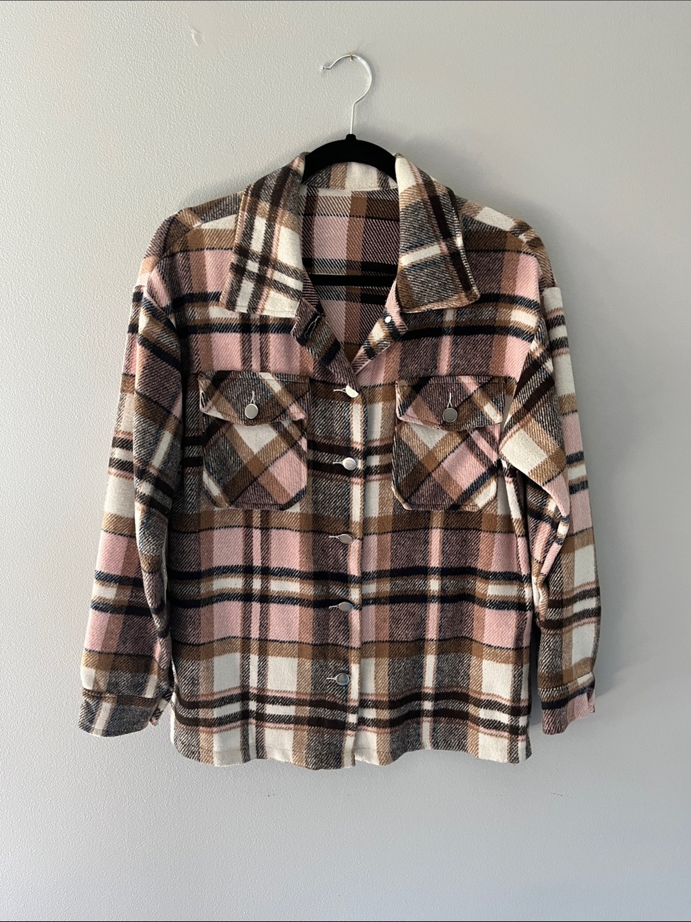 Women's Pink & Brown Plaid Button-Up Shacket